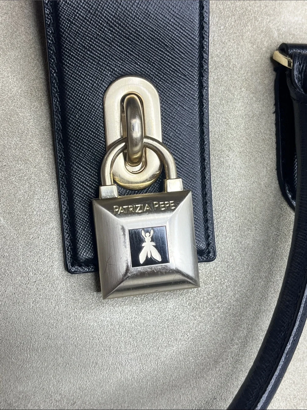 Patrizia Pepe Beige Suede and Black Leather Satchel with Gold Lock